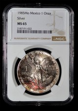 NGC MS65 1985 Mo Mexico Silver 1 Onza - beautiful toning!!!