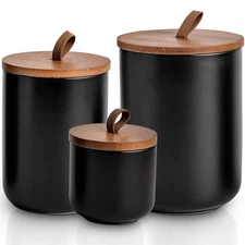 Black Ceramic Canister Set with Bamboo Lids, 3-Piece Airtight Food Storage Ja...
