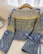Women's Off-Shoulder Knit Sweater Blue- Bell Sleeves Lace-Up Ribbon Cozy Jumper
