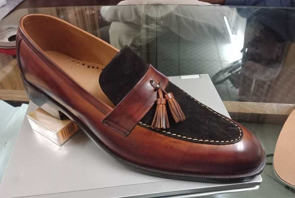 Zapatos de hombre hechos a mano mocasines de cuero dos tonos marrón formal zapato de vestir