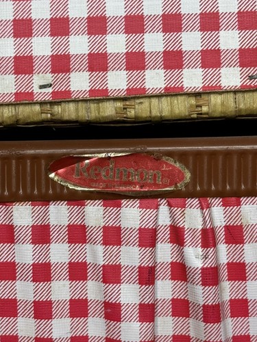 Vintage Redmon Picnic Basket 1960s Wicker Double Metal Handles Hardwood Frame - Picture 8 of 14