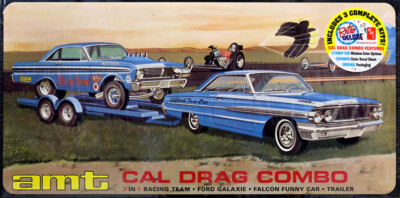 Ford Galaxie + Falcon Car + Trailer Cal Drag Combo 1:25 AMT Model Kit AMT1223