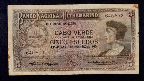 CAPE VERDE 5 ESCUDOS 1945 PICK # 41 FINE+.