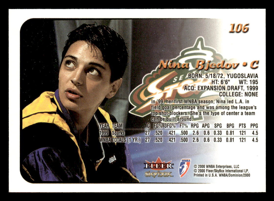Nina Bjedov 2000 SkyBox Dominion WNBA Rookie Card #106 Seattle