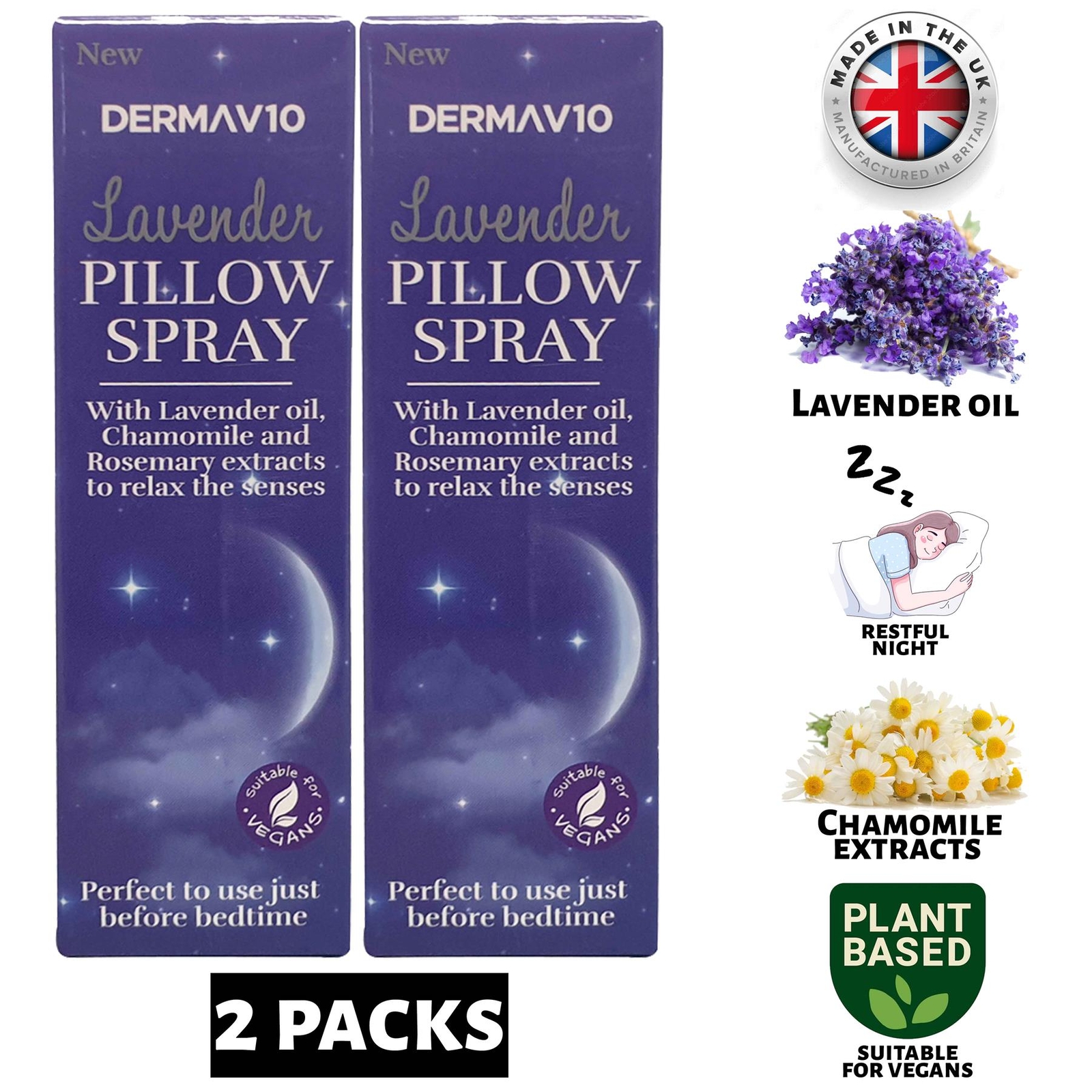 2x Derma V10 Lavender Pillow Spray Chamomile,Rosemary Extract Restful
