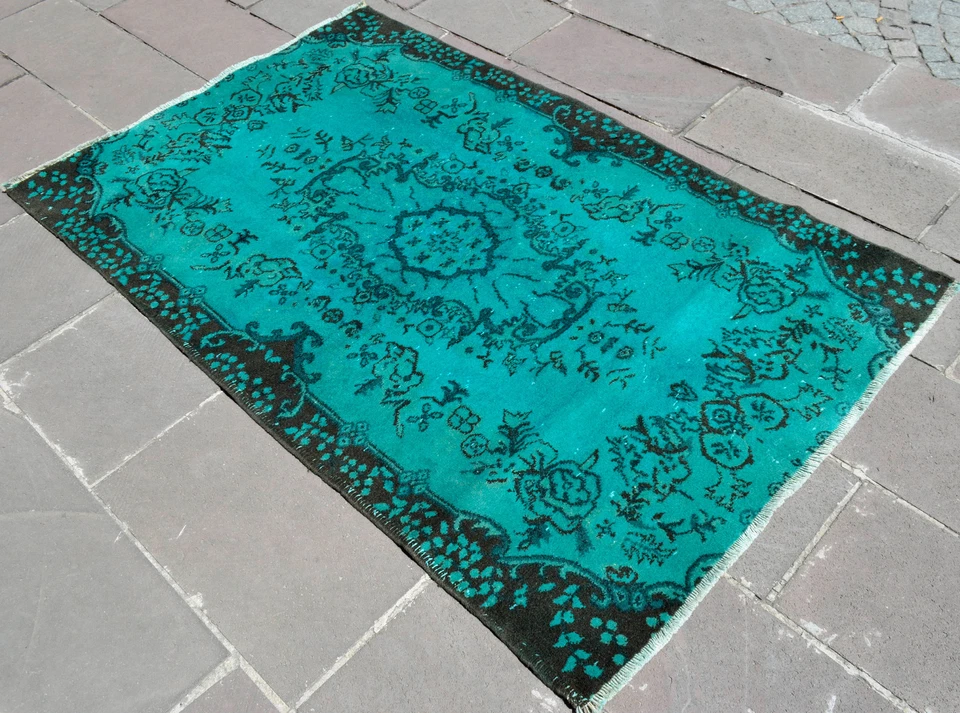 4x6 Rug CYAN OVERDYED Rug Hand Knotted Turkish Area Rugs Carpet actual 46x73″ - Image 3 of 4