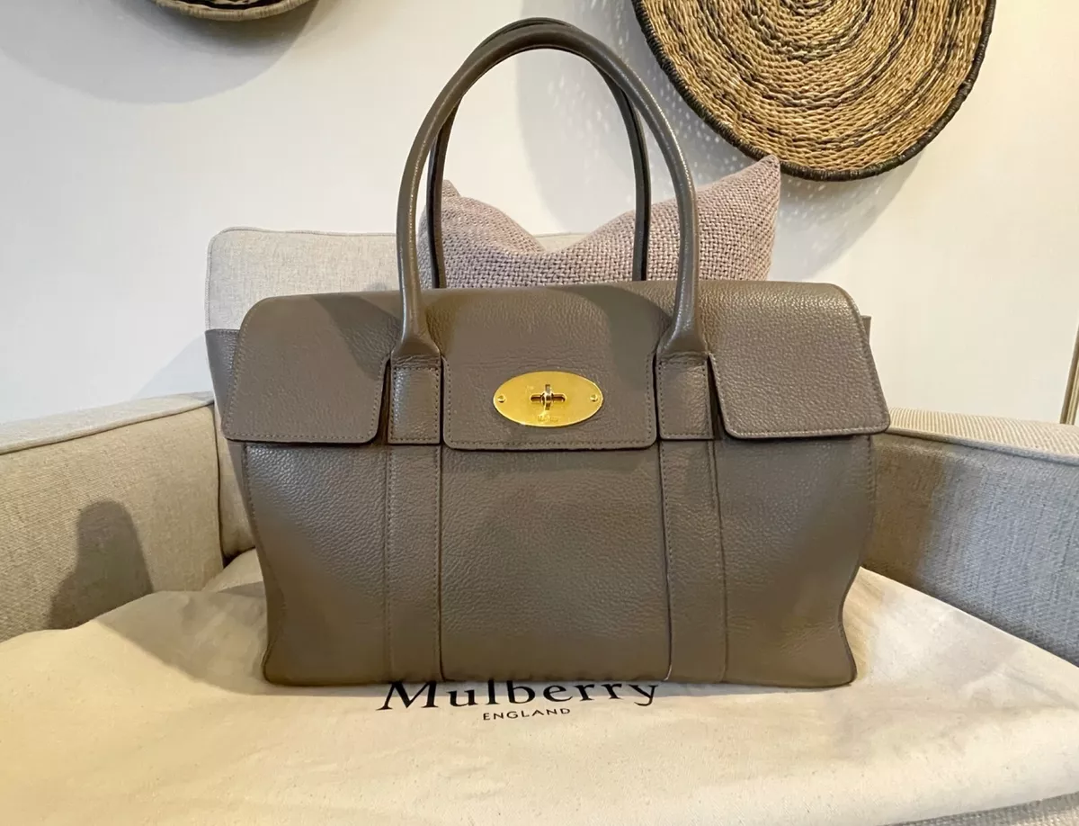 MULBERRY BAYSWATER, Clay Small Grain, Burgundy Suede Lining,  Gray/Taupe/Grey Bag