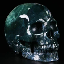 Huge 5.0" Green Moss Agate Carved Crystal Skull, Realistic, Crystal Healing