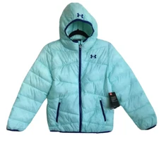UNDER ARMOUR Girls Coldgear Storm Puffer Jacket, Hooded, Ice Blue; Size M, L, XL