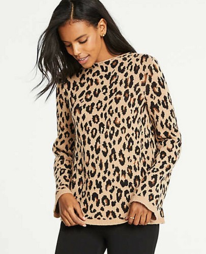 ANN TAYLOR Animal Print Mock Neck Flare 
