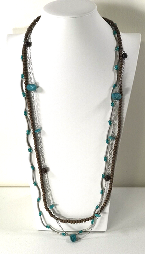 Drei Strang Silberfarben Holzperlen Türkis Lagenlook Halskette 32" Boho Nachlass - Bild 3 von 11