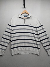 Nautica NAVTECH Sweater Mens Large Gray Pullover 1/4 Zip Mock Neck Blue Stripes