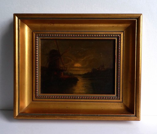 Vintage Oil Painting Landscape Wind Mille Dutch Style after Jongkind