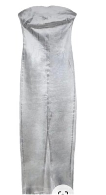 ZARA Women s Metallic Sexy Silver Fitted Denim Dress, Strapless Maxi Size XS