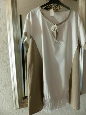 3082  Leinen Tunika LAGENLOOK handmade XL XXL Plus Size  beige + Weiß
