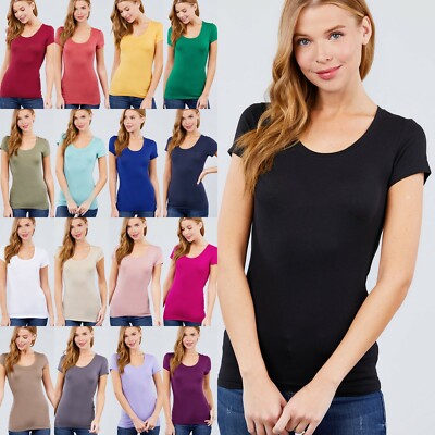 Slim Fit Women's Round Neck Short Sleeve T-Shirt Soft Stretch Cotton Basic Tee