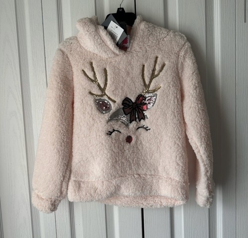 Neu mit Etikett Mädchen rosa Weihnachten Rentier Fleecepullover Größe Medium 