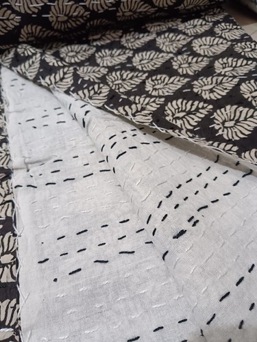 Indian Black Bedspread Throw block Print Kantha Quilt,blanket Cotton king size - Picture 7 of 13