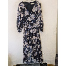 Eliza J High-Low Dress Women's 12 Blue Floral Metallic Silver V-Neck Long Sleeve