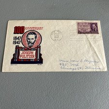 POSTAL HISTORY-FIRST DAY COVER FDC 1947 100TH ANNIV JOSEPH PULITZER KEN BOLL CAC