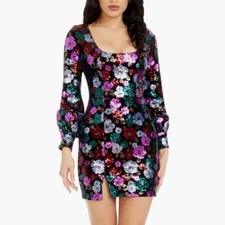 Dress the Population Elvie Sequin Long Sleeve Mini Dress in Black Multi NWT