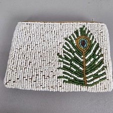 VTG Beaded Peacock Feather Cream Womens Purse W/ Zipper Closure  Satin Lining