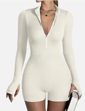 Romper Beige Ribbed Zip Front Jumpsuit S Long Sleeve Thumb Holes Stretch By OQQ