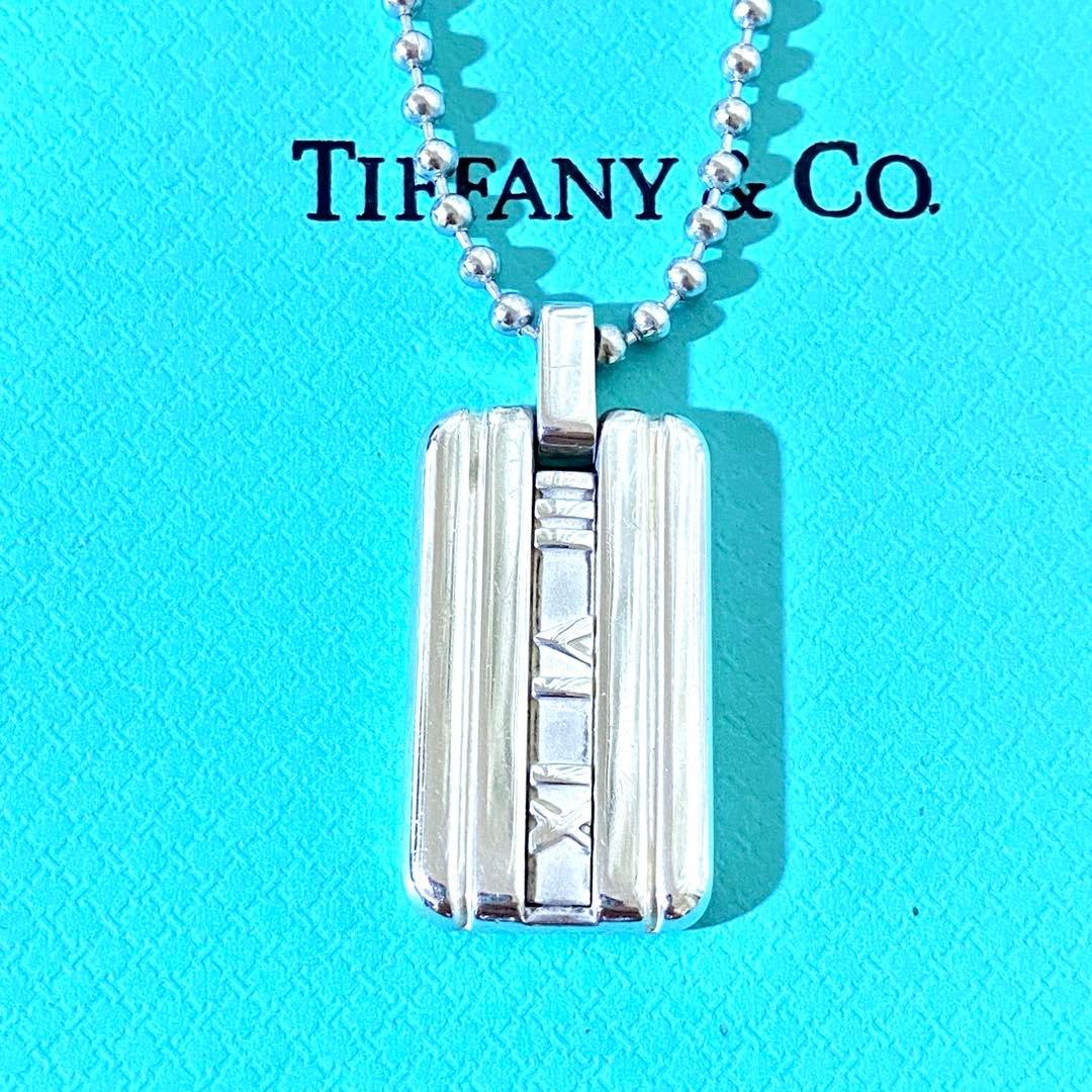 TIFFANY & Co. Atlas Dog Tag Plate Ball Chain Necklace Silver925 50cm Cleaned