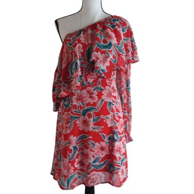 Show Me Your Mumu Watson Mini Dress Red Floral One Shoulder Ruffle Sz L USA