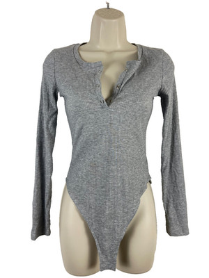 Primark Damen Body Oberteil Grau 1/4 Knopf Langarm Größe 2XS