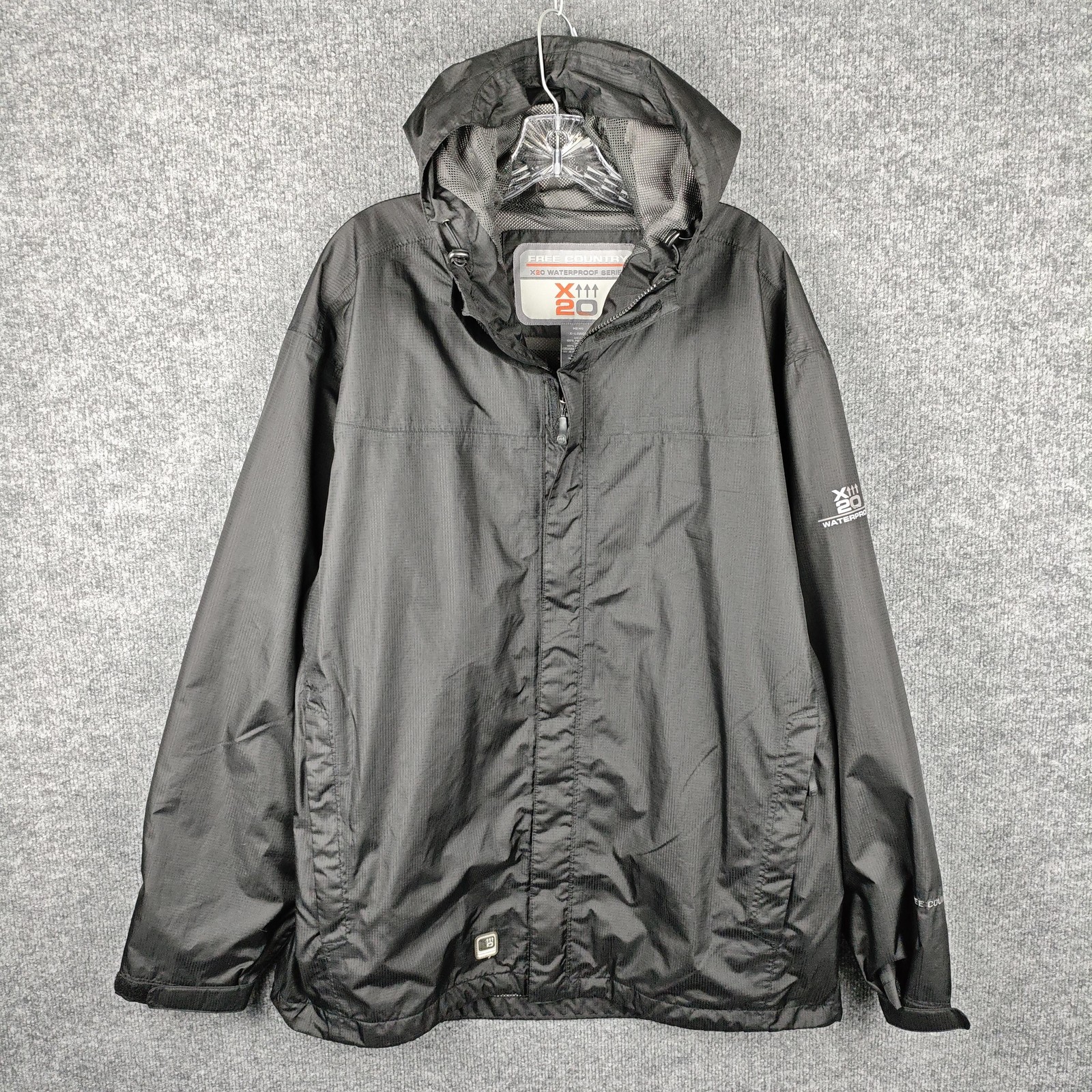 Free Country X20 Jacket Mens XL Black Hooded Waterproof Windbreaker Full Zip