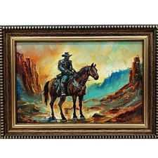 Rural landscape Desert cowboy Original oil painting 6x4 with signature in frame