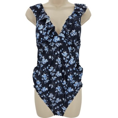 A Pea In The Pod Womans size S Maternity Ruffle One piece Swimsuit Navy NEW