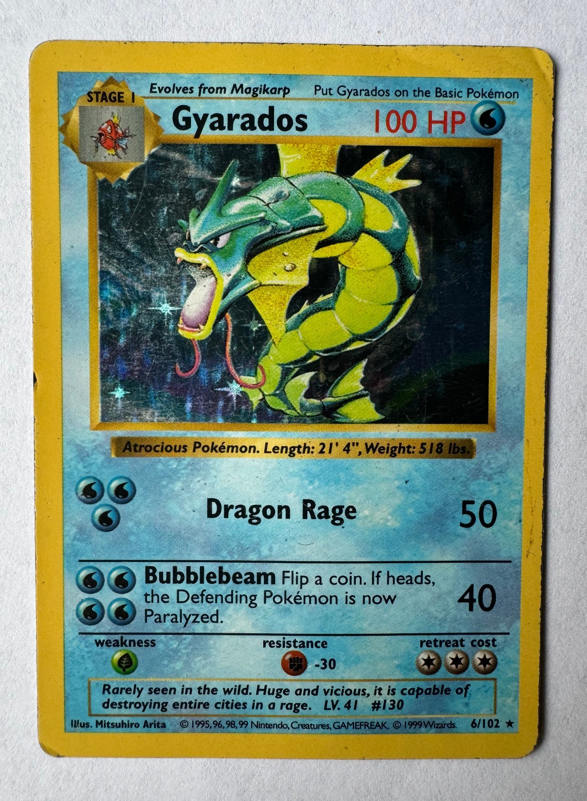 Shadowless Gyarados Holo Rare - 6/102 1999 Vintage Pokemon Base Set Card - MP