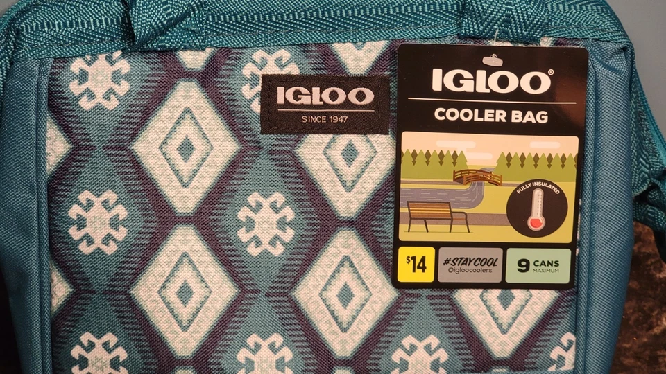 Igloo 9 Can Cooler Bag Lunch Tote Insulated Zip Closure Teal Pattern - Image 2 of 4