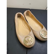 Michael Kors Fulton Leather Ballet Flats Beige Tan Gold Mk Medallion Size 7.5m