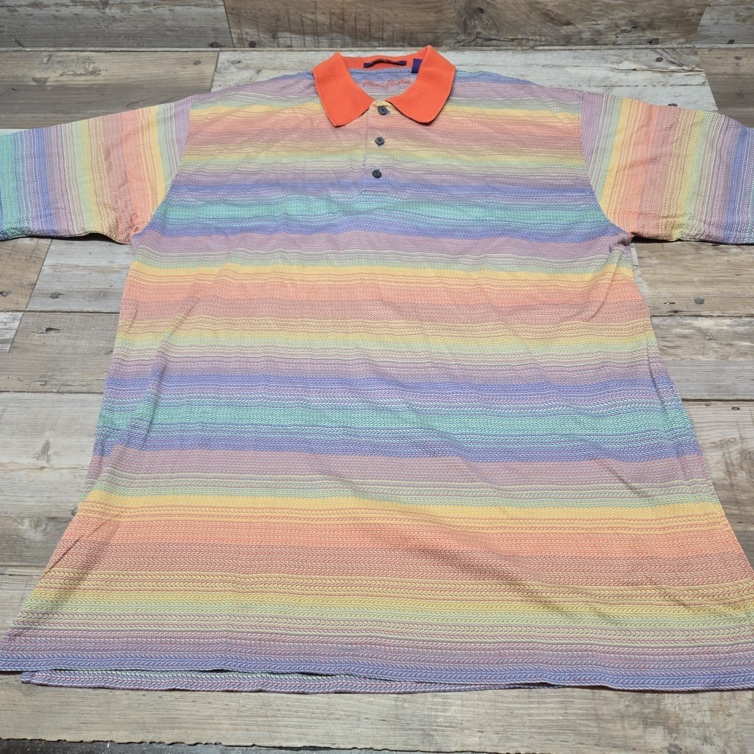 Alan Flusser Mens Polo Shirt Multicolored Large Short Sleeve Cotton Collar Golf