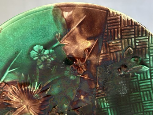 Antiker Wedgwood Majolika Teller 1882 grün braun Blumen Schmetterling 9 Zoll - Bild 4 von 14