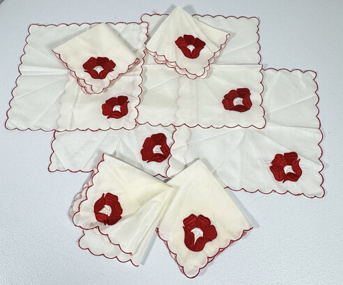 Vintage Floral Applique Napkins Set 8 Red Flower Scalloped White Table Linens