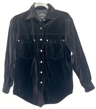 Vintage Black Velvet Cotton Long Sleeve Button Up Pockets Women s Small