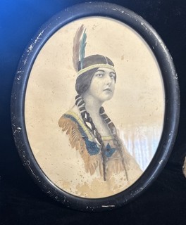 Antique Hand Tinted Native American Rare Historical Oval Framed Photo Of Woman