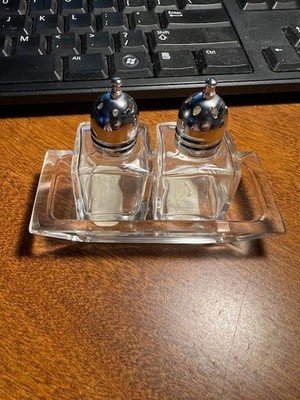 Viking Glass Crystal Clear w/ Chrome Salt & Pepper Shakers & Tray Japan-#C23