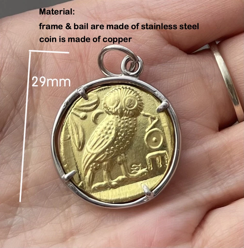 Collar colgante moneda Atenea pájaro búho griego antiguo cobre vintage para hombre Foto 3 de 4