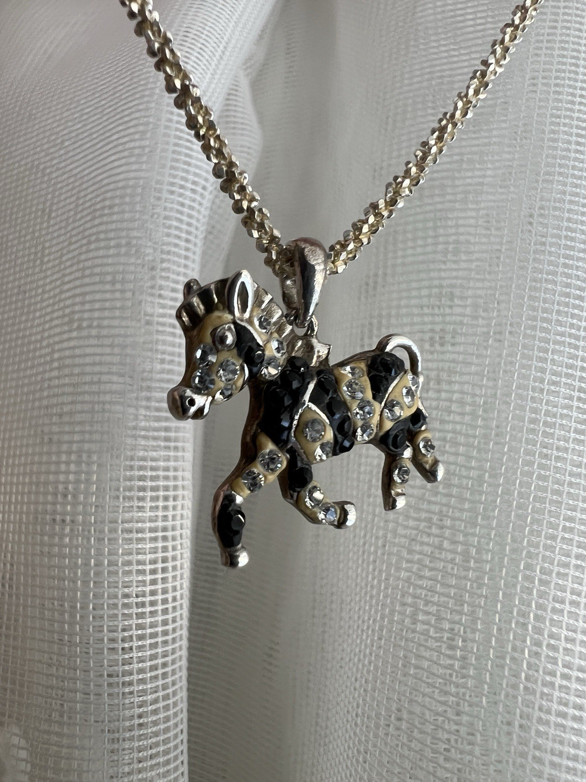 925 Sterling Silver Rhinestone Zebra Pendant 16” … - image 1