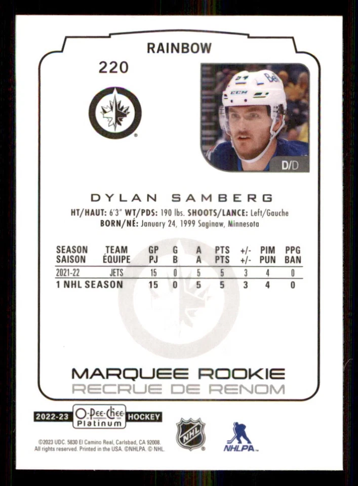 2022-23 O-Pee-Chee Platinum Rainbow #220 Dylan Samberg - Image 2 of 2