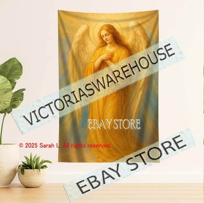 Golden guardian angel tapestry radiant faith heavenly wall art 39X59 in