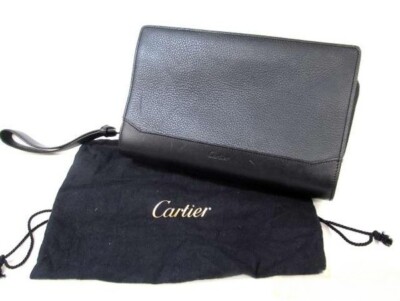 Cabochon de Cartier Leather Clutch Bag Black Hand Strap Logo Embossed  Authentic