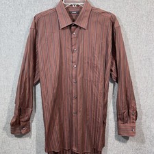 Alfani Mens L Long Sleeve Button Up Brown Striped Signature Cotton Shirt MS61