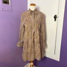Elan NWT Paisley Dress Tie Neck Long Sleeve Tiered Mini Dress Size Medium