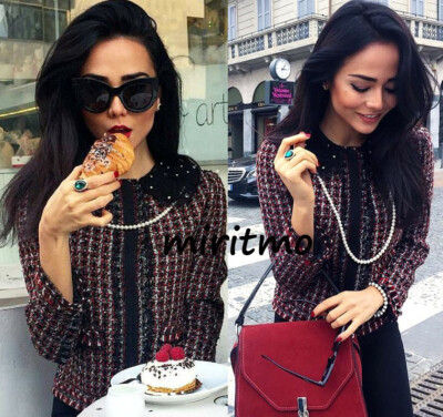 A536 ZARA BLAZER BLACK RED BEADED COLLAR TWEED